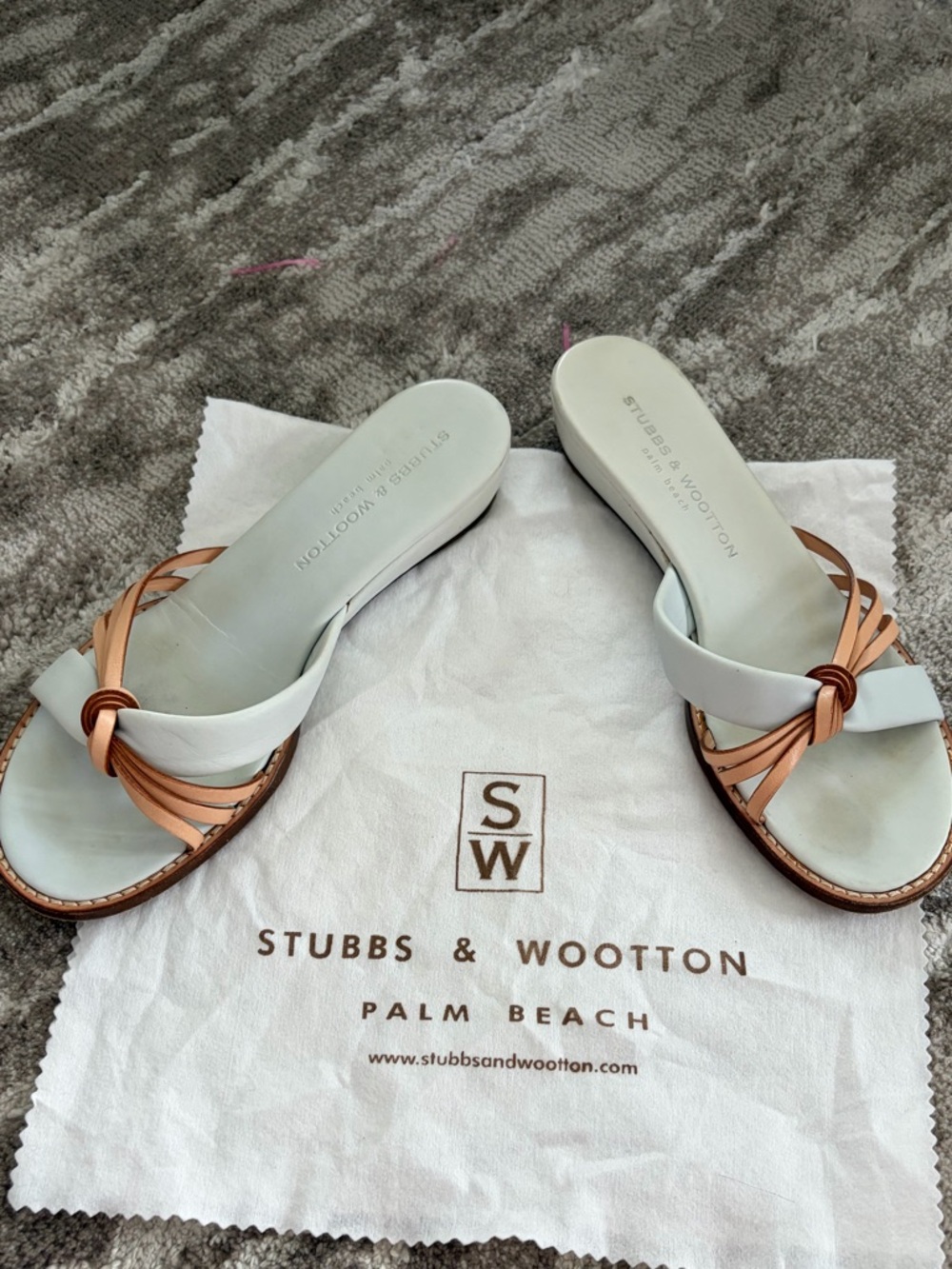 Stubbs & Wootton Light Sage Green and natural leather Knot Slide Sandals